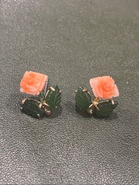 SOLDCoral Rose and Green Jade Leaf Stud Earrings - Elegant Floral  vintage